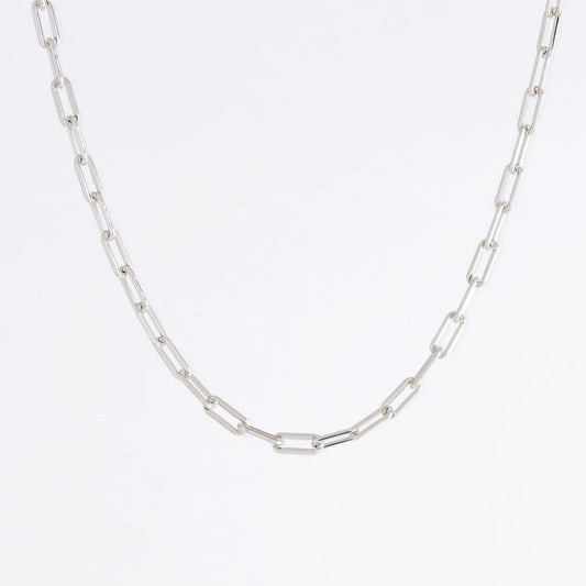 sterling silver paperclip necklace on a white background