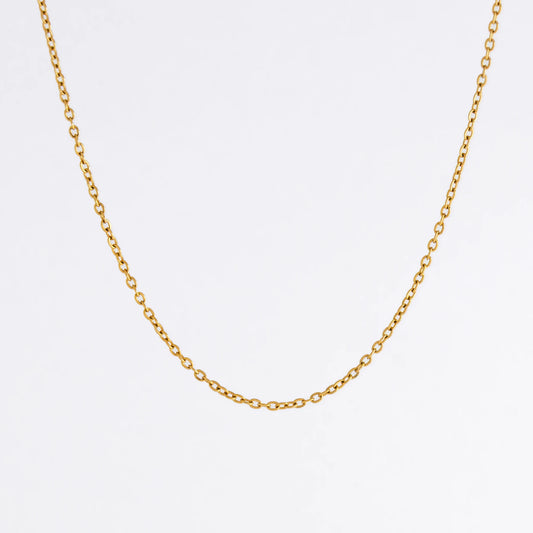 Gold chain necklace on a light gray background