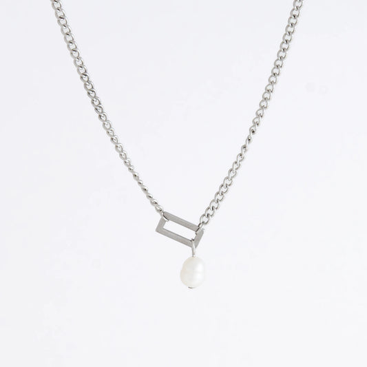 Silver necklace with a geometric shape and pearl pendant