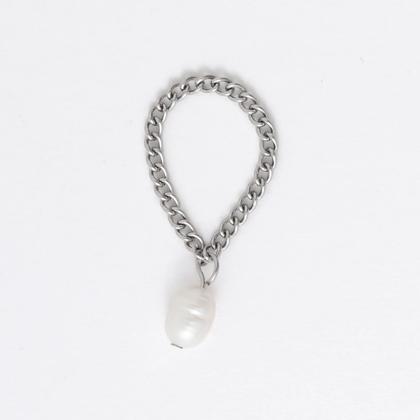 Silver stainless steel dainty chain ring with a pearl charm on a white background