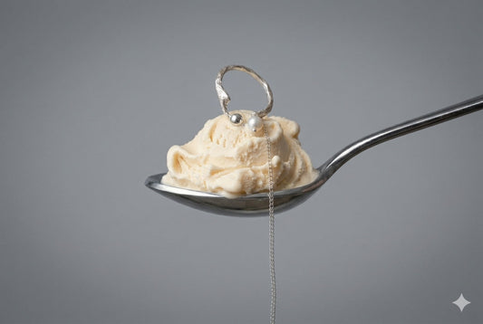 Sterling silver pearl chain ring resting in a scoop of vanilla ice cream on a spoon, summer jewelry editorial — Glass Balloon