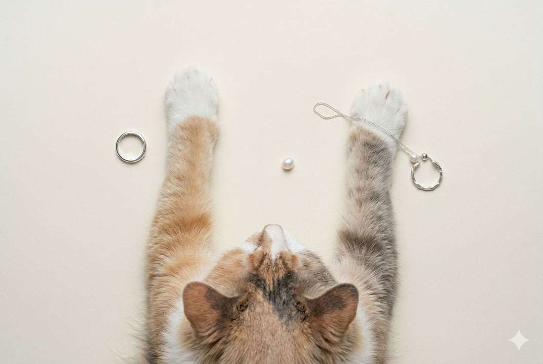Calico cat reaching toward sterling silver rings and pearl chain ring on ivory background, overhead jewelry flatlay — Glass Balloon
