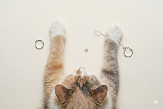 Calico cat reaching toward sterling silver rings and pearl chain ring on ivory background, overhead jewelry flatlay — Glass Balloon
