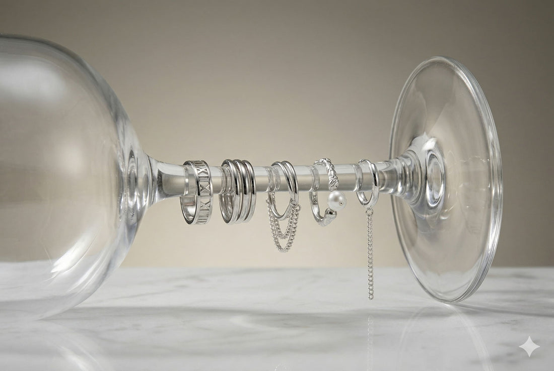 Sterling silver rings and huggie earring threaded on a glass wine stem lying on its side, minimal jewelry wardrobe editorial — Glass Balloon