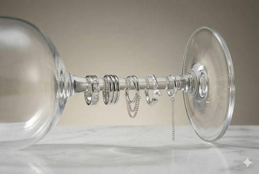 Sterling silver rings and huggie earring threaded on a glass wine stem lying on its side, minimal jewelry wardrobe editorial — Glass Balloon