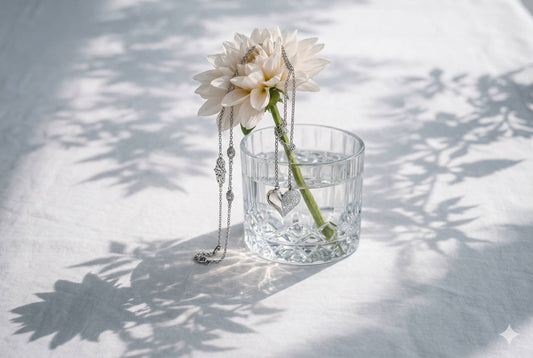 Silver heart pendant necklace draped on white dahlia stem in crystal glass with natural light shadows, pendant necklace still life — Glass Balloon