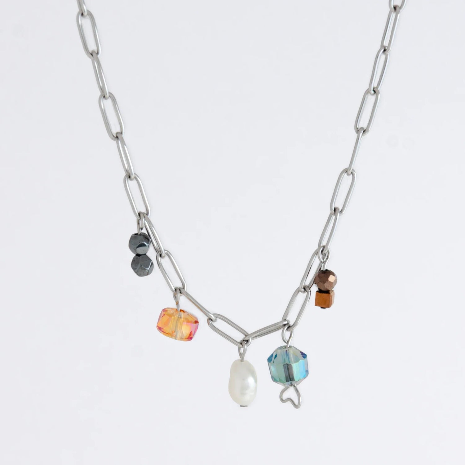 Silver paperclip necklace with pearl and glass charms