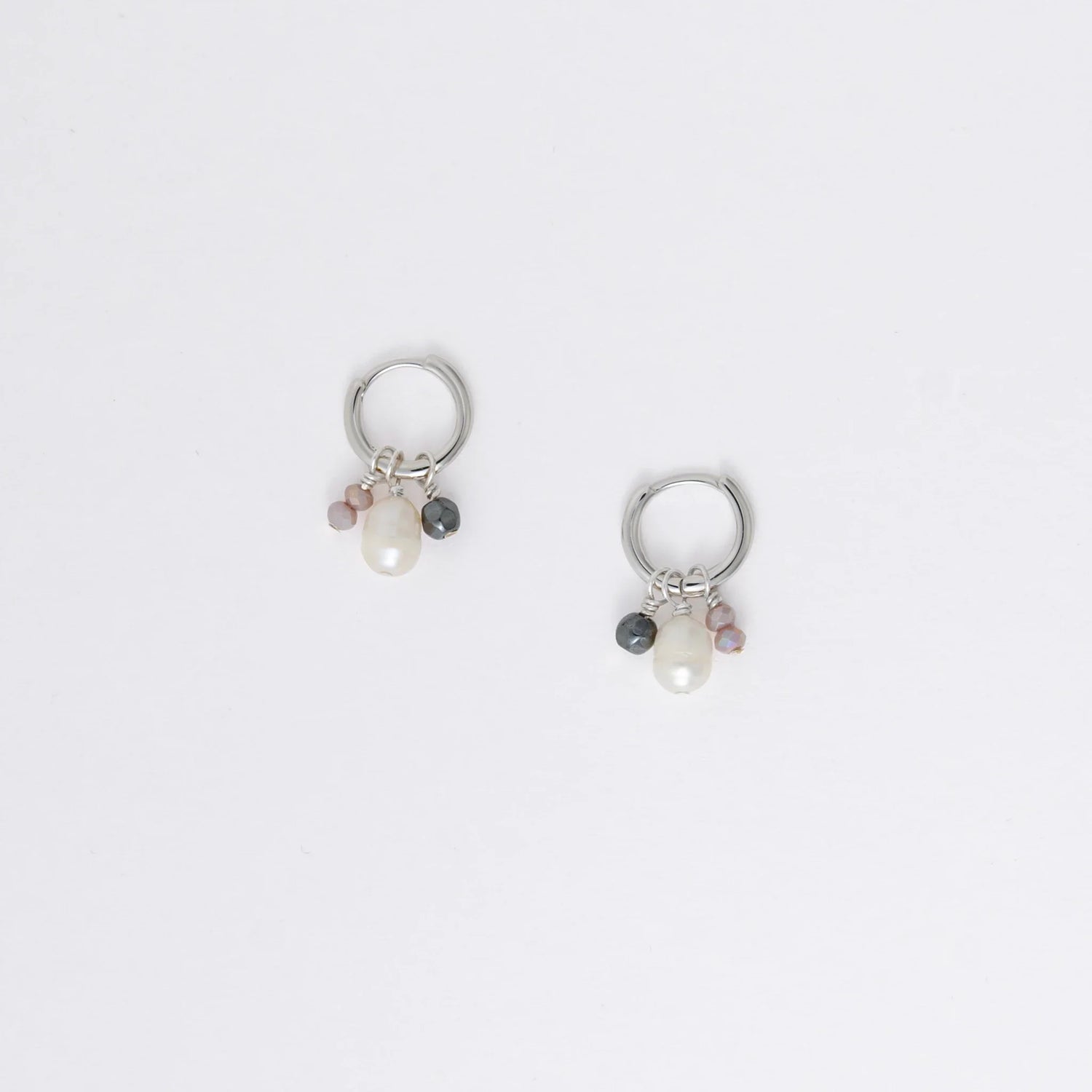 Silver hoop huggies with pearl and glass charms