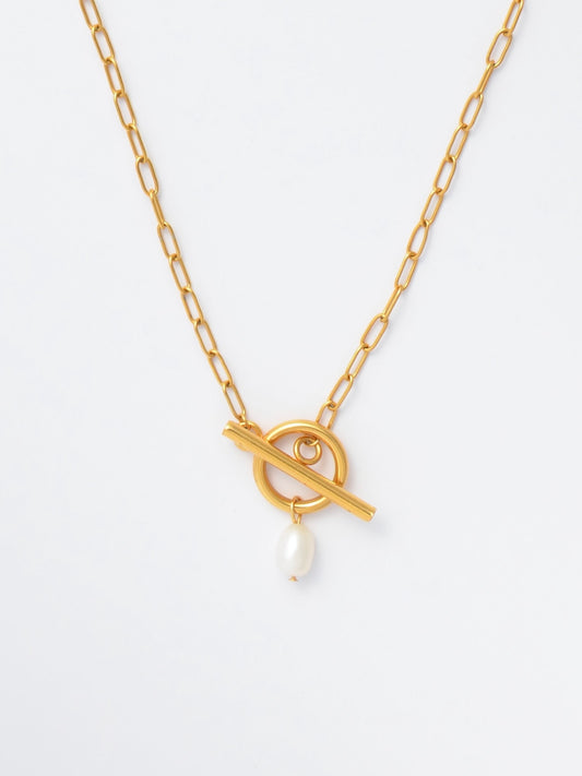 Gold Paperclip Necklace with Toggle Clasp – Pearl Drop Pendant