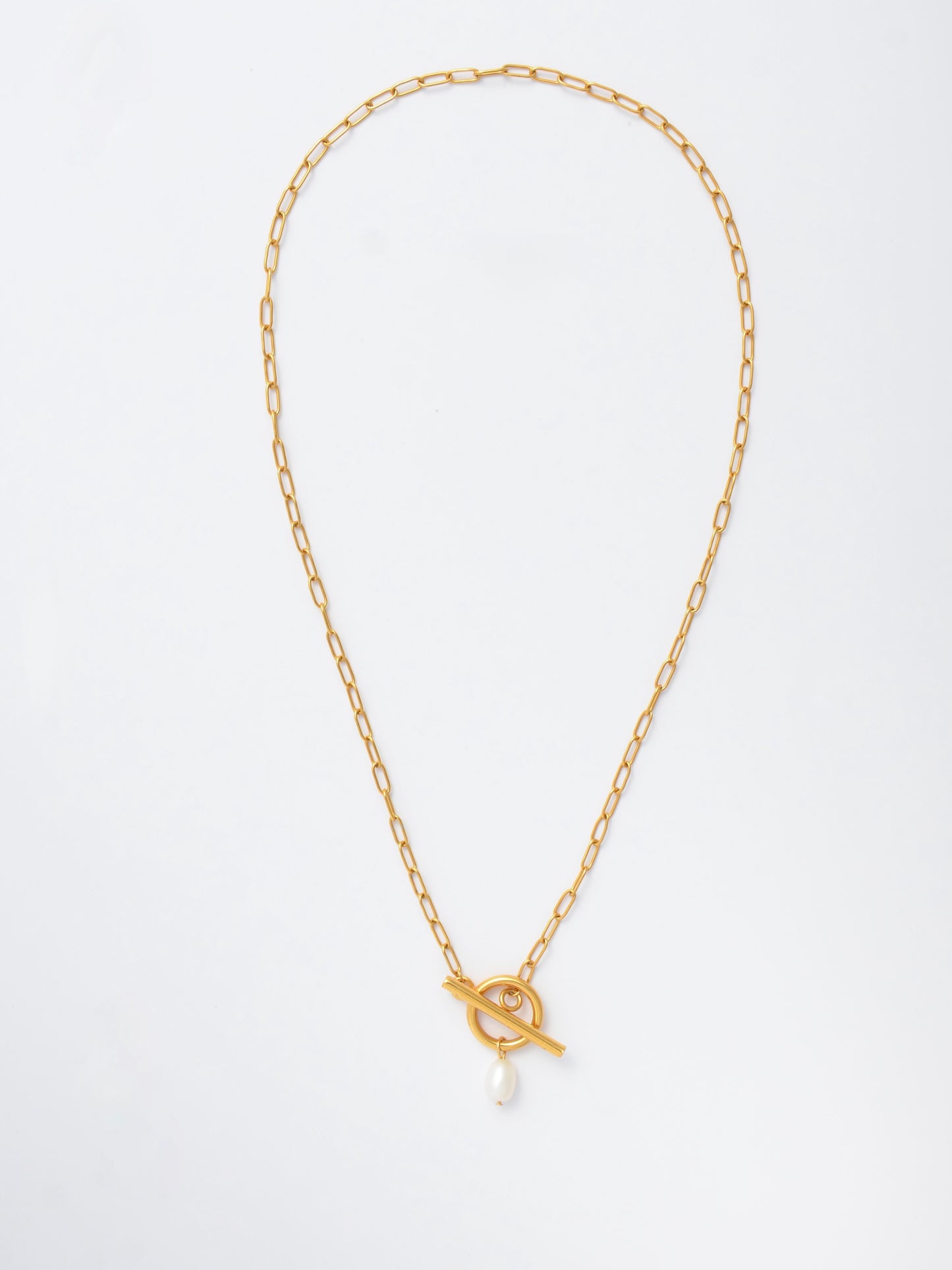 Gold Paperclip Necklace with Toggle Clasp – Pearl Drop Pendant