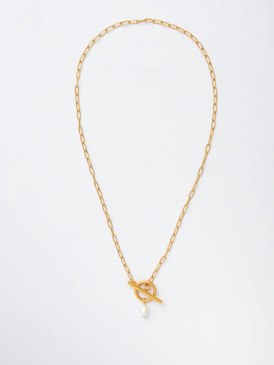 Gold Paperclip Necklace with Toggle Clasp – Pearl Drop Pendant