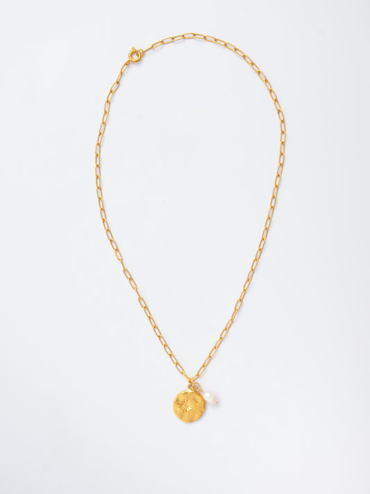 Gold Paperclip Chain Necklace – Sun Pendant with Pearl Charm