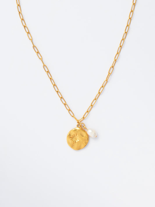 Gold Paperclip Chain Necklace – Sun Pendant with Pearl Charm