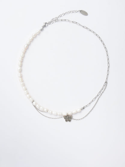 Pearl & Paperclip Asymmetrical Choker - Butterfly Charm & Draped Layers