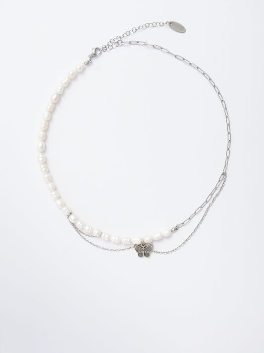 Pearl & Paperclip Asymmetrical Choker - Butterfly Charm & Draped Layers
