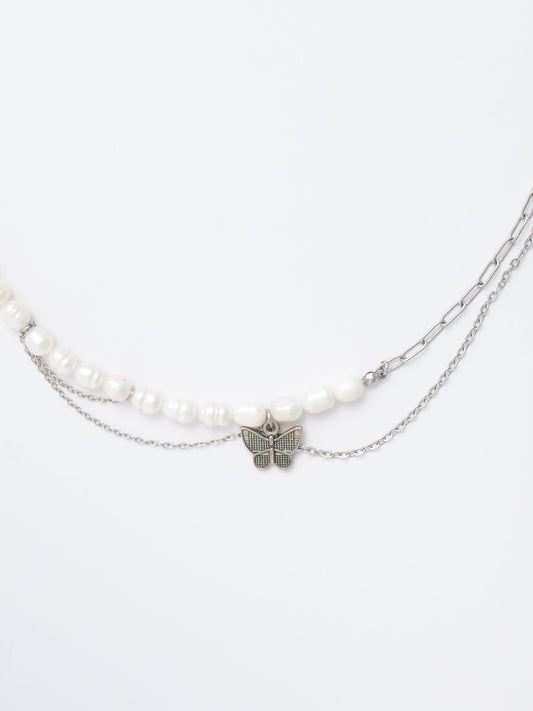 Pearl & Paperclip Asymmetrical Choker - Butterfly Charm & Draped Layers