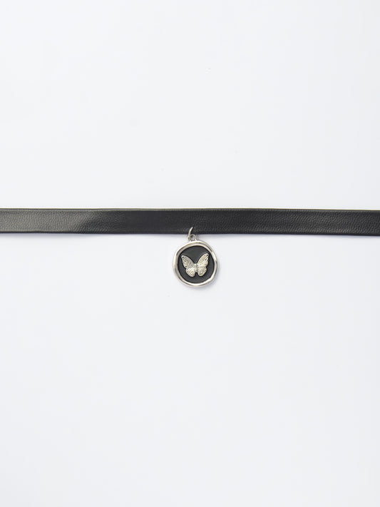 Black Leather Choker – Butterfly Stamp Pendant