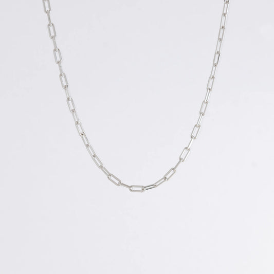 sterling silver paperclip necklace on a white background