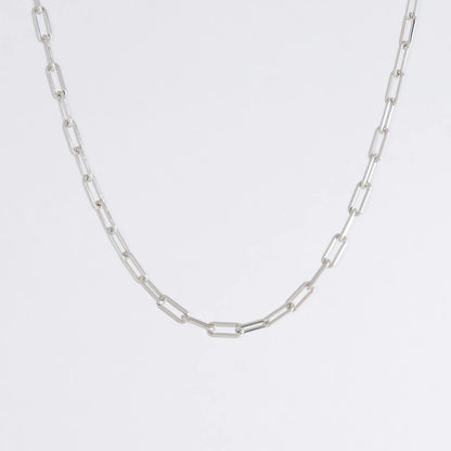 sterling silver paperclip necklace on a white background
