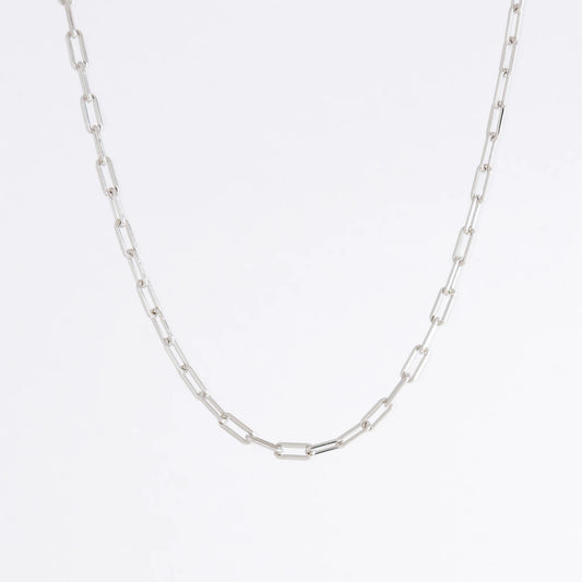sterling silver paperclip necklace on a white background