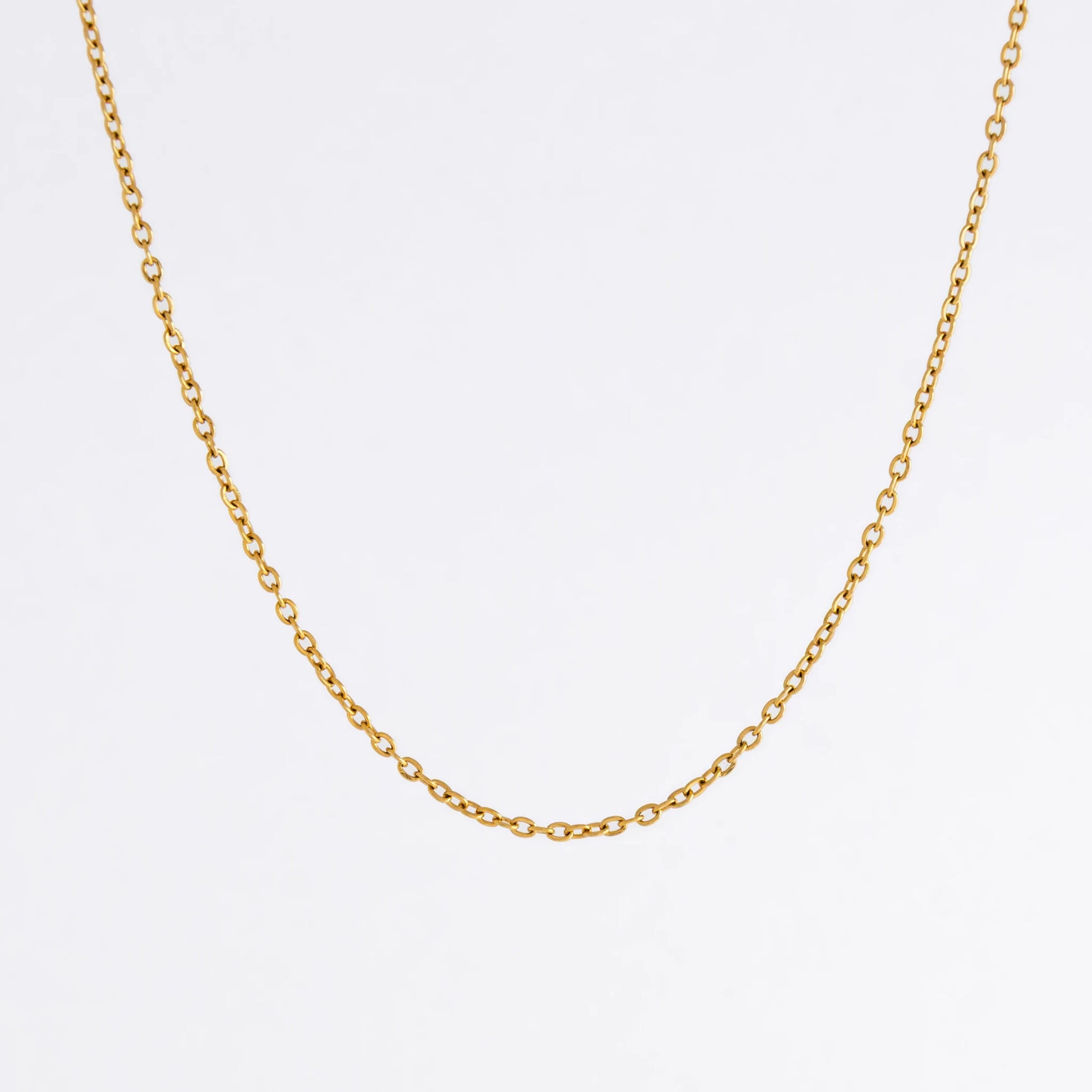 Gold chain necklace on a light gray background