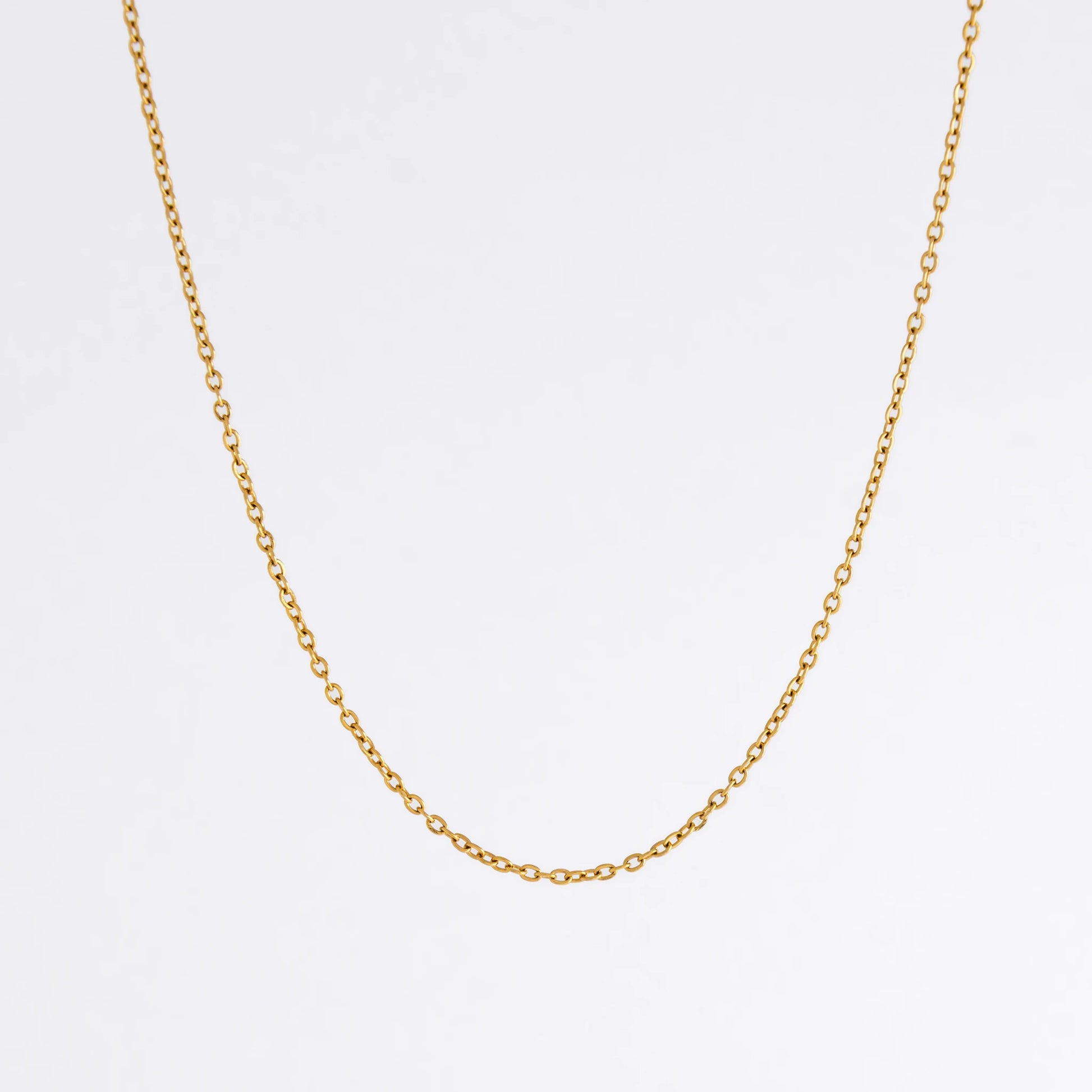 Gold chain necklace on a light gray background