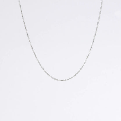 Silver stainless steel dainty chain necklace on a light gray background