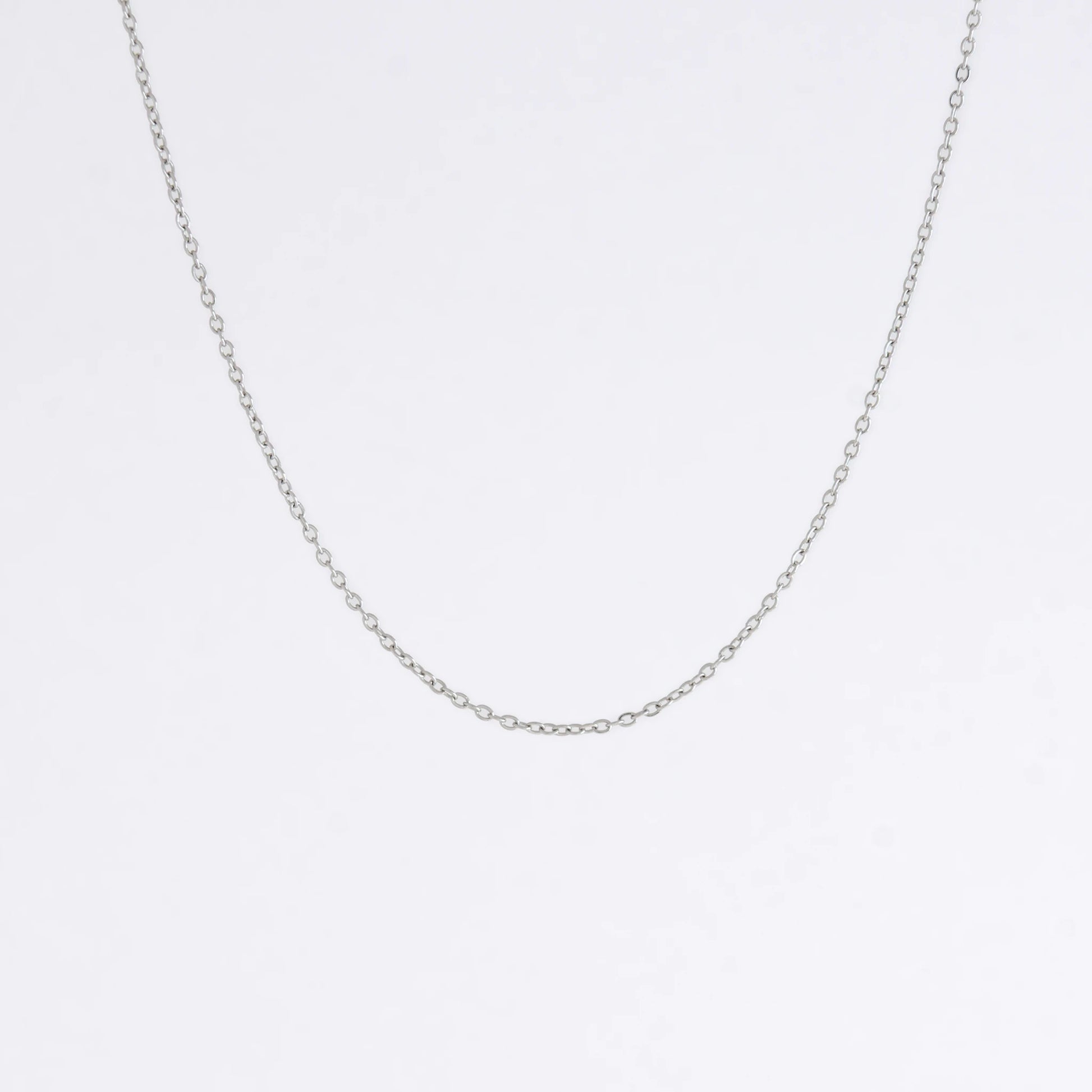 Silver stainless steel dainty chain necklace on a light gray background