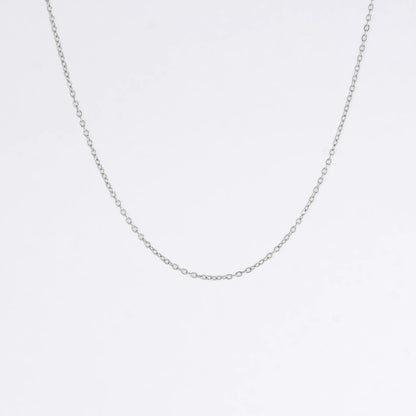 Silver stainless steel dainty chain necklace on a light gray background