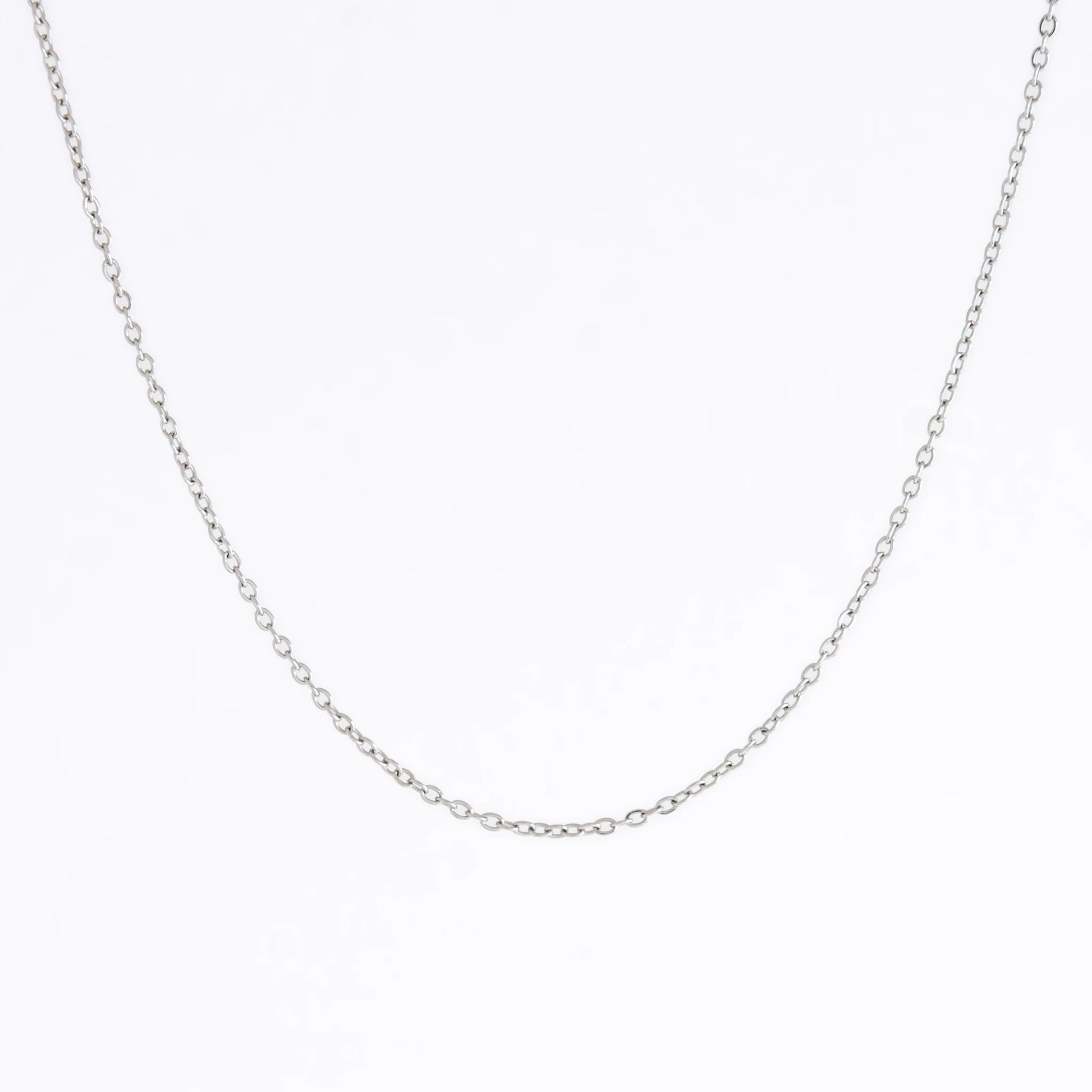 Silver stainless steel dainty chain necklace on a light gray background