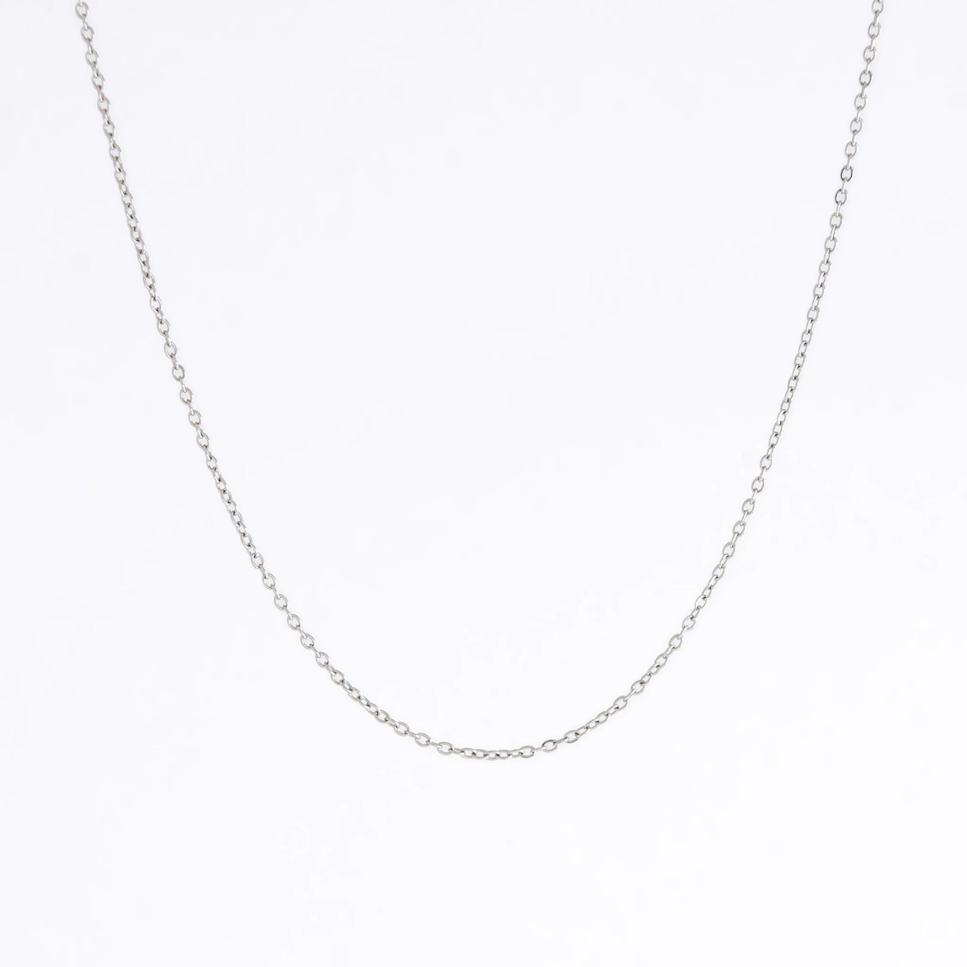 Silver stainless steel dainty chain necklace on a light gray background