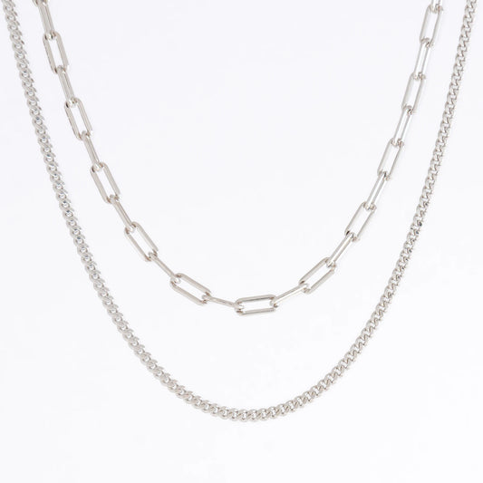 Two silver chain necklaces on a light gray background