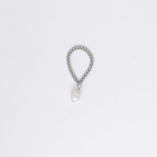 Silver stainless steel dainty chain ring with a pearl charm on a white background