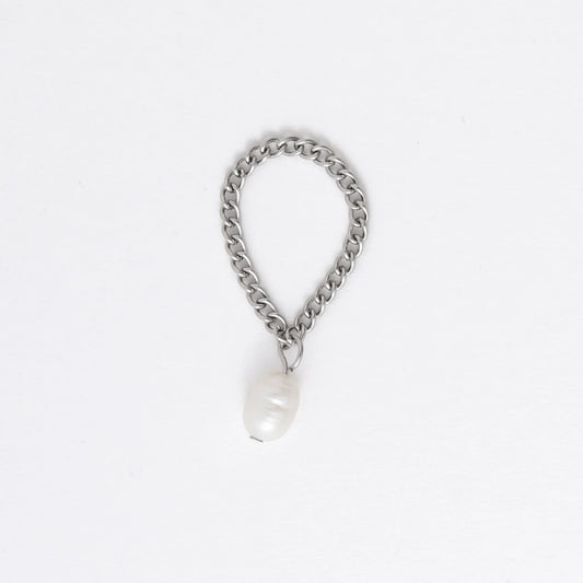 Silver stainless steel dainty chain ring with a pearl charm on a white background
