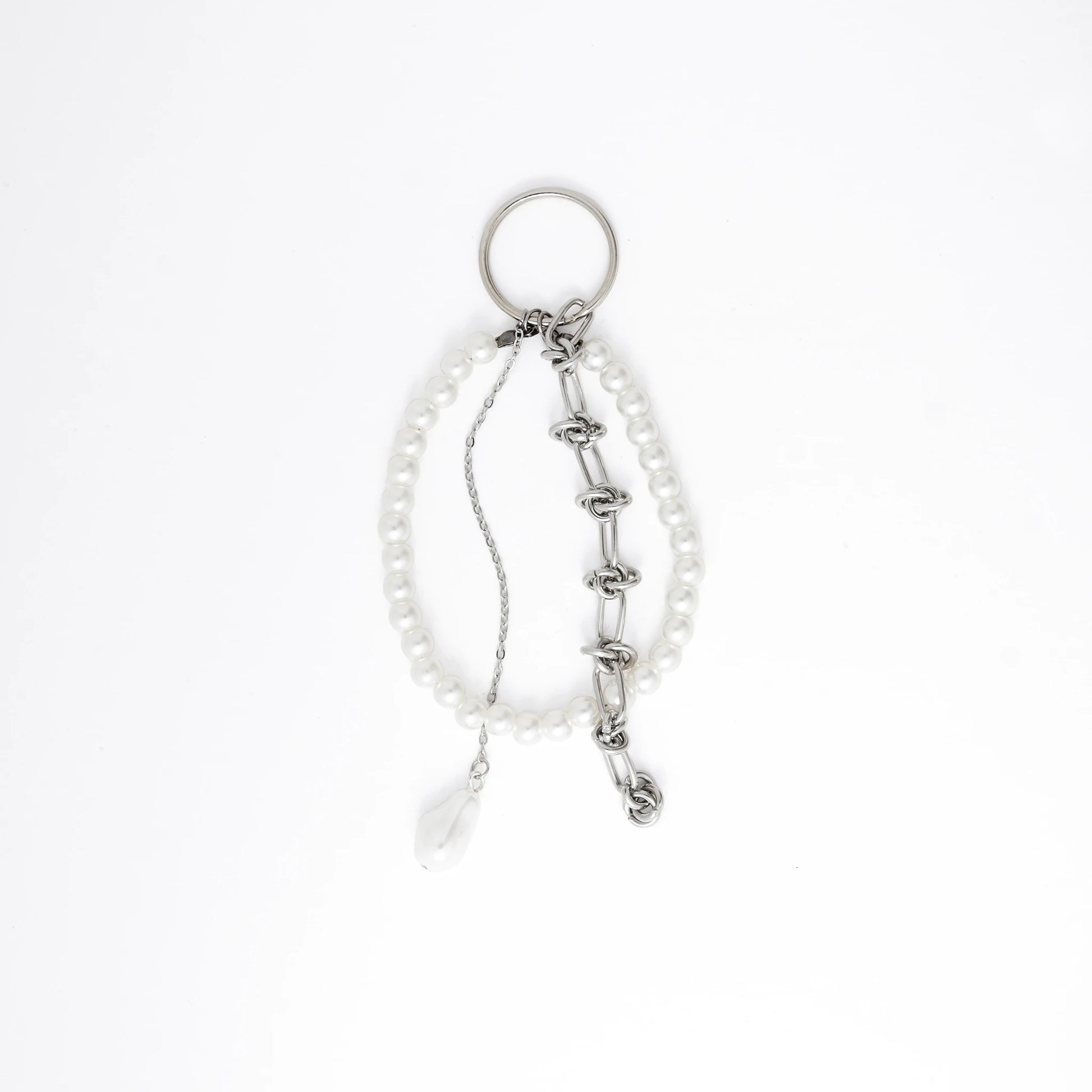 Silver keychain with chain and pendant on a white background