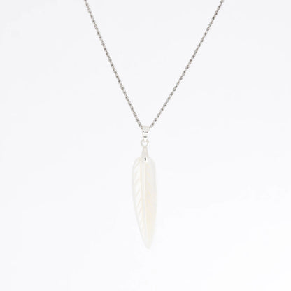 A silver chain necklace with a white feather pendant, shown against a plain white background.