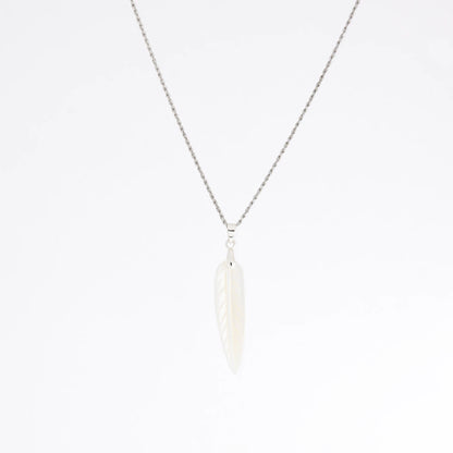 A delicate silver chain necklace featuring a small, stylized white feather pendant, shown against a plain white background.